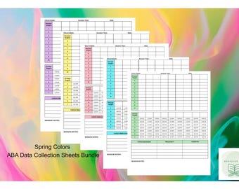 Spring ABA Data Collection Bundle, 5 Data Sheets: Retro Yellow, Green, Lavender, Teal & Pastel, PDFs Set for RBT, BCBA, Parents, Teachers