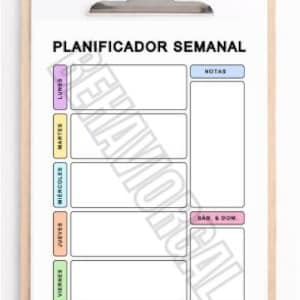 以下が含まれることがあります： 木製のクリップボードには、「PLANIFICADOR SEMANAL」と題された週間プランナーが挟まれています。プランナーには、スペイン語で各曜日のセクションと、メモセクションがあります。クリップボードは、上部に銀色の金属クリップで固定されています。