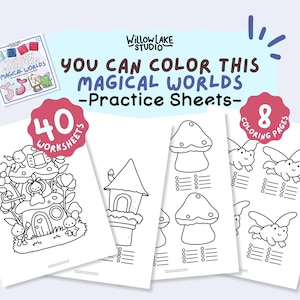 Op de afbeelding: Een verzameling kleur oefenbladen getiteld "You Can Color This Magical Worlds" door Willow Lake Studio. De bladen bevatten grillige illustraties van feeënhuizen, paddenstoelen en vriendelijke wezens. Bevat 40 werkbladen en 8 kleurplaten.