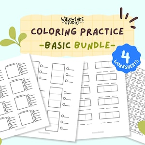 May include: Four white coloring practice worksheets with black outlines, featuring squares, rectangles, and grids. The image includes text that reads "COLORING PRACTICE - BASIC BUNDLE-" and "4 WORKSHEETS."