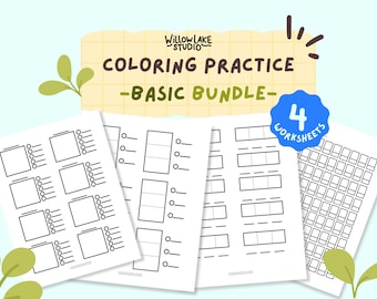 Puede incluir: Cuatro hojas de trabajo de práctica de coloreado blancas con contornos negros, con cuadrados, rectángulos y cuadrículas. La imagen incluye el texto "COLORING PRACTICE - BASIC BUNDLE-" y "4 WORKSHEETS."