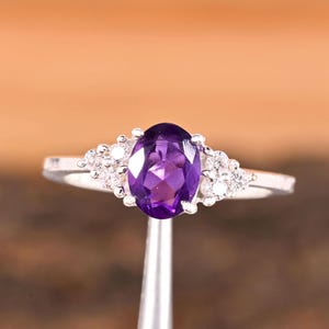 Amethyst Engagement Ring Silver | Oval Purple Gemstone Ring | February Birthstone Ring | Dainty Promise Ring for Her