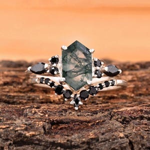 Moss Agate Hexagon Engagement Ring: Black Onyx Sterling Silver Gothic Band