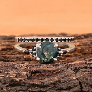 Nature Inspired Moss Agate Ring - Sterling Silver Swirl Band Ring - Round Green Gemstone Ring - Unique Engagement Ring