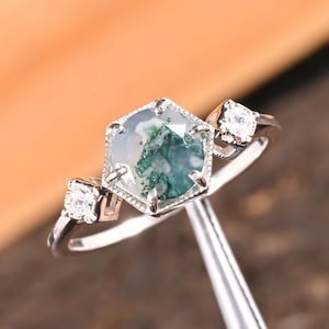 Moss Agate Engagement Ring: Sterling Silver Hexagon, Green Crystal Bridal Jewelry