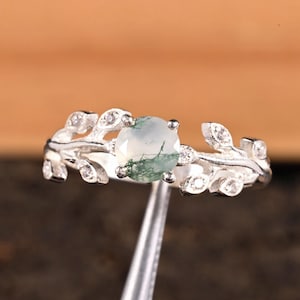 Moss Agate Leaf Engagement Ring – Sterling Silver Nature-Inspired Wedding Band