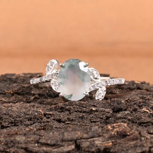 Natural Moss Agate Leaf Engagement Ring with Cubic Zirconia Accents on Sterling Silver – Unique Boho Bridal Jewelry Nature Gift