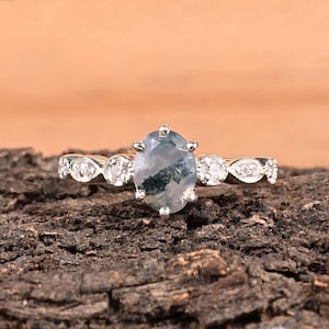 Handmade Moss Agate Engagement Ring: Sterling Silver, Cubic Zirconia Accents