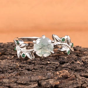 Natural Moss Agate and Lab Emerald Leaf Ring – Sterling Silver Nature-Inspired Engagement Band