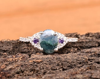 Moss Agate Engagement Ring: Amethyst Accents, Sterling Silver Boho Jewelry
