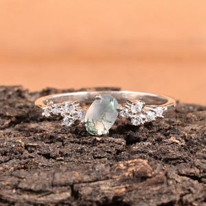 Moss Agate Engagement Ring – Sterling Silver Nature-Inspired Ring with Dainty Diamond Accents – Unique Alternative Wedding Ring