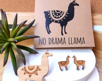 Llama Lovers Gift Pack // Studs, Brooch & Card // Cute // Quirky // Free Post to Aus // Gift // Laser Cut Bamboo