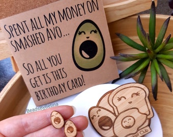 Avocado / Breakfast Lovers Gift Pack // Studs, Brooch & Card // Cute // Quirky // Free Post to Aus // Gift // Laser Cut Bamboo