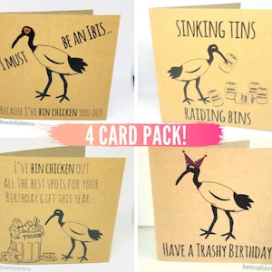4er Pack: Bin Huhn (Ibis) Glückwunsch- & Geburtstagskarten / Skurril / Frech / Wortspiel / Lustig / Australisch / Kostenloser Versand nach Aus