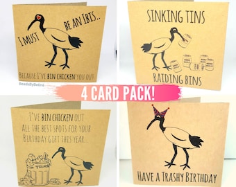Paquete de 4: tarjetas de felicitación y cumpleaños de Bin Chicken (Ibis) / Peculiar / Descarado / Juego de palabras / Divertido / Australiano / Envío gratuito a Australia