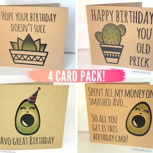 Lot de 4 : cartes de voeux et d'anniversaire/excentrique/effronté/avocat/cactus/plante/jeu de mots/drôle/australien/livraison gratuite en Australie