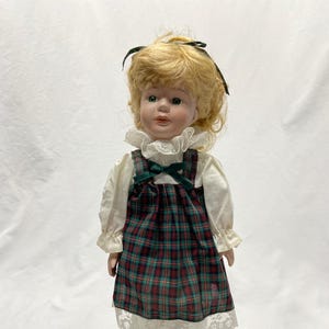 Vintage Porcelain Doll Blonde Hair, Green Eyes, Wooden Stand