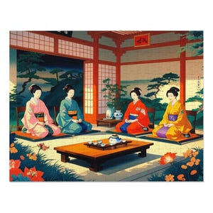 Elegant Japanese Scene Jigsaw Puzzle with Tin, Traditional Artwork Puzzle, Family Activity, Gift for Puzzle Lovers, Art Collectors