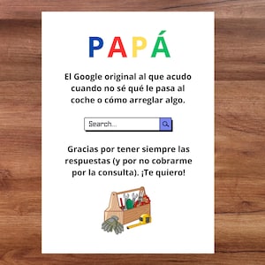 May include: A white rectangular card featuring the word PAPA in blue, red, yellow, and green letters. Below, Spanish text reads: El Google original al que acudo cuando no sé qué le pasa al coche o cómo arreglar algo. Includes a search bar, more text, and a toolbox.