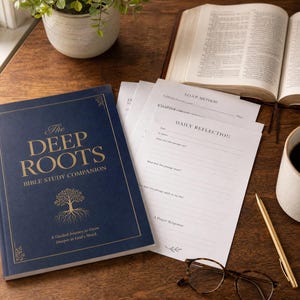 Könnte beinhalten: Ein dunkelblaues Buch mit dem Titel The Deep Roots Bible Study Companion mit goldener Schrift und einer Baumgrafik, begleitet von weißen gedruckten Arbeitsblättern, einer offenen Bibel, einer weißen Tasse mit schwarzem Kaffee, einem goldenen Stift und einer Lesebrille.