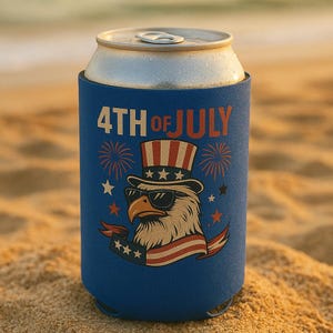 Patriotic Can Cooler, 4th of July Drink Holder, Eagle Beverage Insulator, Party Favor, BBQ Accessories, Summer Celebrations