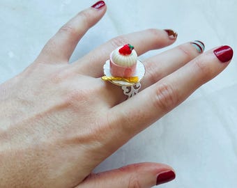 Strawberry Shortcake Ring – Miniature Dessert Jewelry, Adjustable Ring