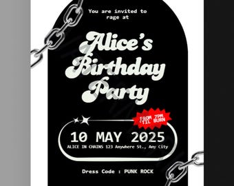 Punk Rock Birthday Party Invitation, Rock And Roll Party Invitation, Music Party Invitation, Printable, Canva editable, Instant Download PDF