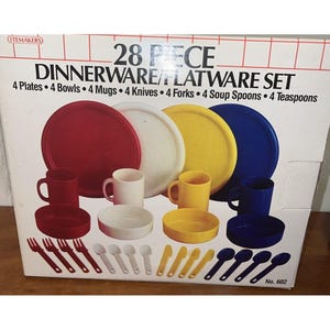 May include: A 28-piece dinnerware and flatware set. The set includes plates, bowls, mugs, knives, forks, soup spoons, and teaspoons. The plates, bowls, and mugs are in red, white, yellow, and blue. The box is white with black text.