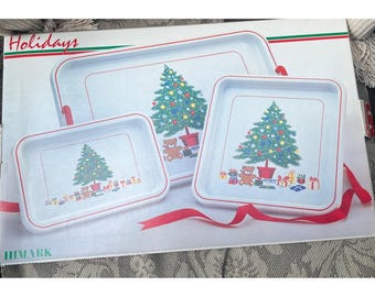 Vintage Himark 3 Pc Lacquerware Japan Tray Set Christmas Tree Teddy Bear NOS