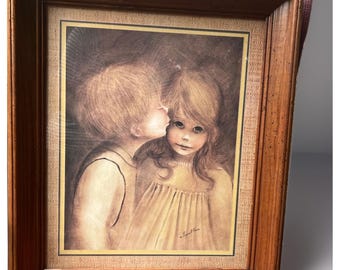 Vtg Margaret Kane A Little Kiss" Framed Lithograph FIRST LOVE Big Eyes Print