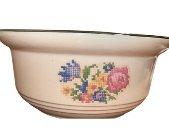 Vintage Hot oven Harker Bowl w/Cross Stitch Pattern  9" Across Cottage Core