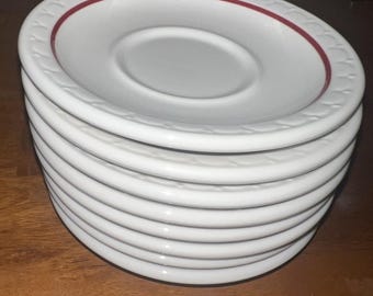 1961 Syracuse Cardinal Line Red Railroad Hotel Ware Econo-Rim Saucer Set Of 8
