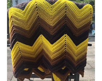 Vintage Retro Zig Zag Chevron Afghan Blanket  Yellow Brown Groovy 64"x80"