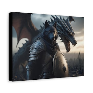 Fantasy Wall Art Canvas - Dragon & Wolf Decor, Fantasy Artwork for Game Lovers, Gothic Home Decor, Unique Gift for Him