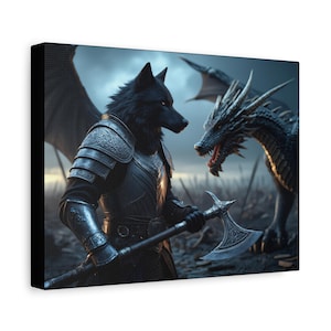 Fantasy Art Wall Decor, Wolf Knight vs Dragon, Home Decor, Unique Wall Art, Gift for Fantasy Lovers, Gaming Room