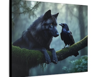 Wolf and Raven Canvas Wall Art, Nature Decor, Forest Animal Print, Home Decoration, Wildlife Enthusiast Gift