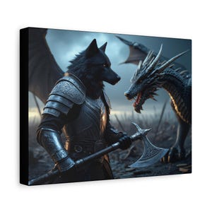Epic Fantasy Canvas Art for Home Decor, Wall Art, Dragon and Wolf Design, Gift for Fantasy Lovers, Unique Artwork