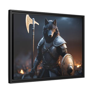 Warrior Wolf Canvas Art, Framed Wall Decor for Animal Lovers, Fantasy Home Decor, Gift for Gamers, Unique Art Print, Medieval Wall Art