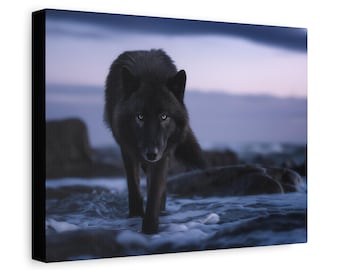 Mystical Wolf Art Canvas Print, Ethereal Home Decor, Nighttime Wall Art, Gift for Animal Lovers, Black Wolf Decor, Unique Living Room Design