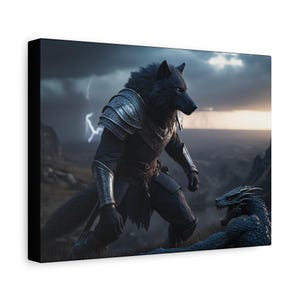 Epic Fantasy Wall Art, Matte Canvas Print, Home Decor, Dragon & Wolf Artwork, Gifts for Gamers
