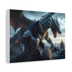 Fantasy Art Canvas Print, Wall Decor, Dragon and Wolf Artwork, Gothic Home Decor, Unique Gift for Gamers