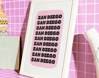 Impresión de póster de San Diego: texto retro negro sobre rosa (descarga digital)