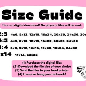 Puede incluir: Un gr&aacute;fico rosa de gu&iacute;a de tallas con texto negro. La gu&iacute;a enumera los tama&ntilde;os de impresi&oacute;n en cent&iacute;metros para descargas digitales, incluyendo 10x15, 20x30, 30x45, 40x60, 50x76, 60x91, 76x114, 10x13, 20x25, 30x38, 40x50, 50x63, 60x76, 15x20, 23x30, 30x40, 38x50, 46x61, 61x81, 28x36 y 56x71. Tambi&eacute;n se incluyen instrucciones.