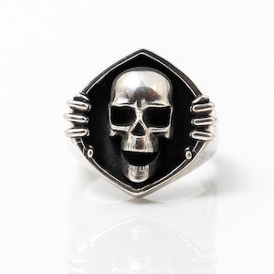 Gothic Silver Skull Ring| Sterling Silver Oxidized Biker Jewelry| Mens Biker Punk Rock Ring| Unique Handmade Statement Rock Skull Ring Gift