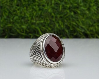 Sterling Silver Red Garnet Ring - Vintage Boho Art Deco Style
