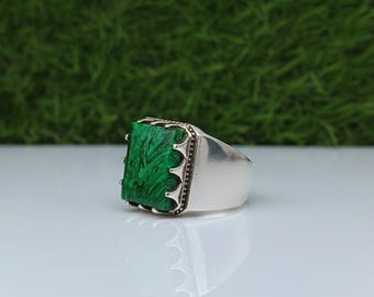 Mens Malachite Gemstone Ring, 925 Sterling Silver Statement Rings For Men, Malachite Jewelry Gift