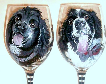 Pet Portraits Custom Painting of Any Pet or Dog Hand Painted 2 - 20 oz. White Wine Glasses Dog Lover Cocker Spaniels Dog Portrait Gift