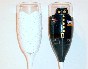 Military Uniform and Wedding Dress Set of 2 - 6 oz. Champagne Flutes Bride & Groom Marine Army, Navy, Air force Uniform Hand Painted Flutes