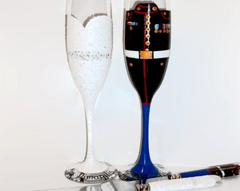 Marine Bride and Groom Wedding Dress  Hand Painted Champagne Flutes , Army, Navy, Airforce Toasting Flutes & Cake Knife and Server Set