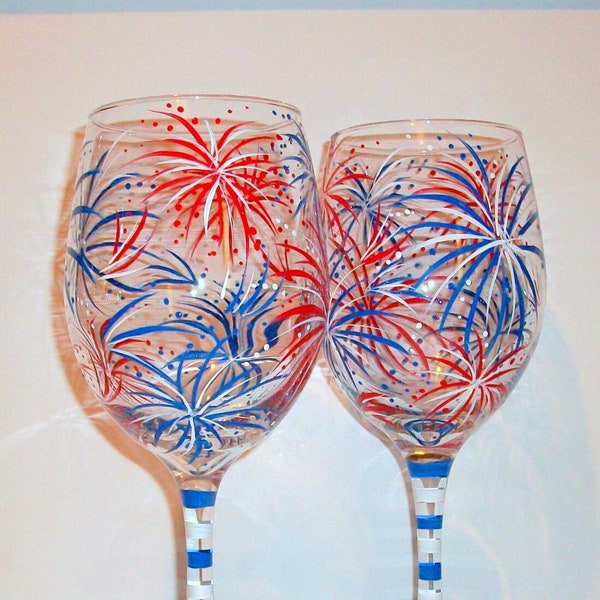 July Fourth Fireworks Hand Painted Wine Glasses Set of 2 - 21 oz. New Years Eve Independence Day July 4th Red White & Blue Painted Glassware
